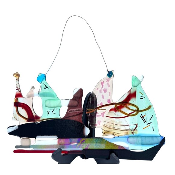 FUSED ART GLASS BY LRRR DESIGNS SAILBOAT SERIES FAMILY PULLING A SAILBOAT OOAK - Picture 4 of 4